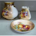 Three Royal Worcester china items, respectively bearing the same, indistinct signature, viz.