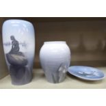 Two Royal Copenhagen porcelain vases, one featuring The Little Mermaid, inscribed 'Langelinie' No.