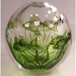 An Orrefors, Edward Hald, Graal Art Glass of ovoid form, decorated in green with fish amid seaweed,