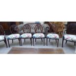 A set of six early 20thC Hepplewhite design mahogany framed dining chairs,