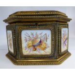 A late 19thC, probably French, octagonal, bead bordered brass casket,