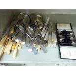 Silver plated fiddle pattern and other fish knives and forks, salad servers,