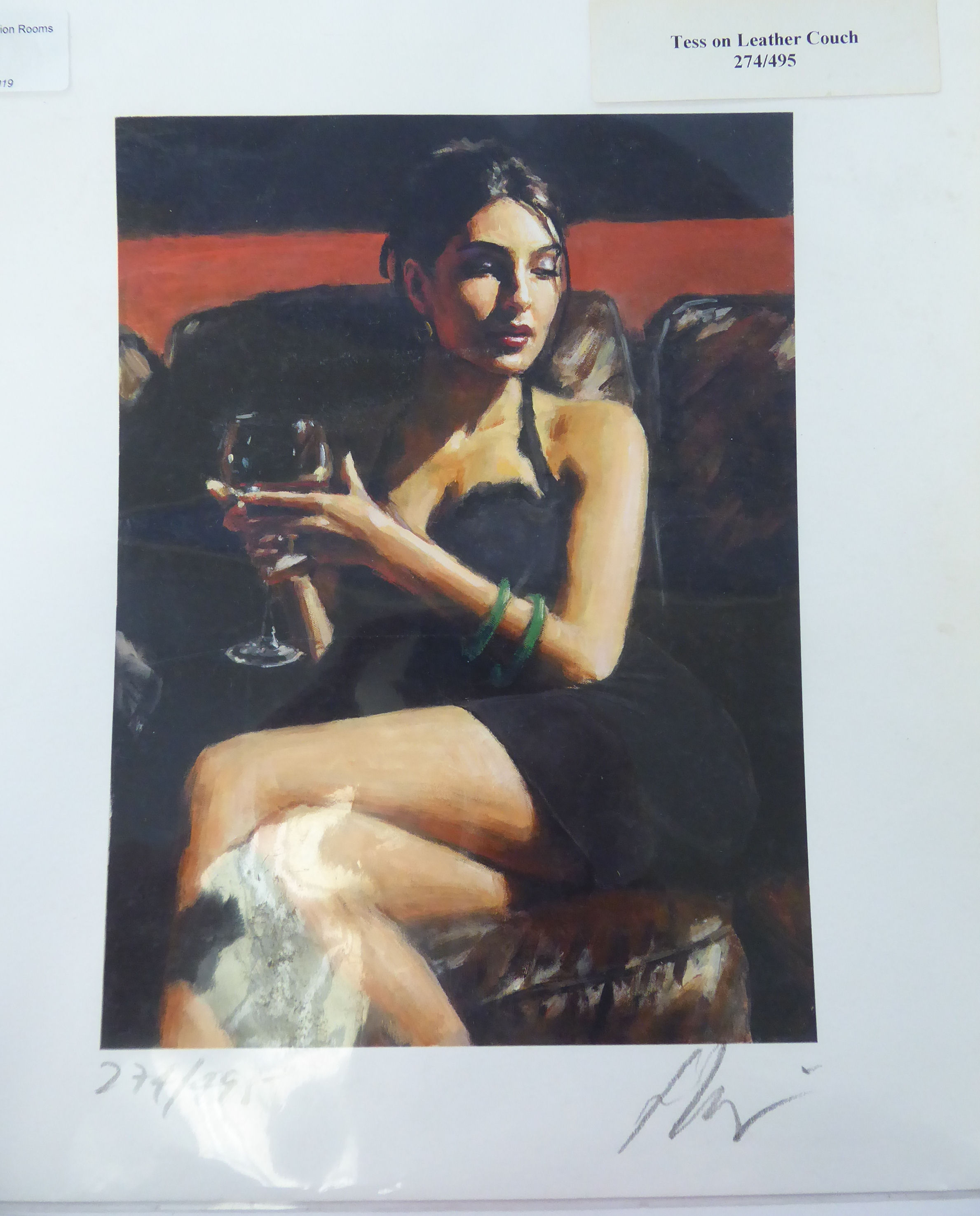 Fabien Perez - 'Tess on leather couch' Limited Edition coloured print on card 274/495 bears a