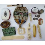 Small 19thC collectable items: to include a piquetworked oval purse;