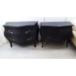 Two similar modern Louis XV design black painted bombe commode with two drawers,