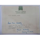 A typed and handwritten House of Commons note bears a signature,