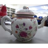A late 18thC Chinese porcelain teapot of squat, bulbous form,