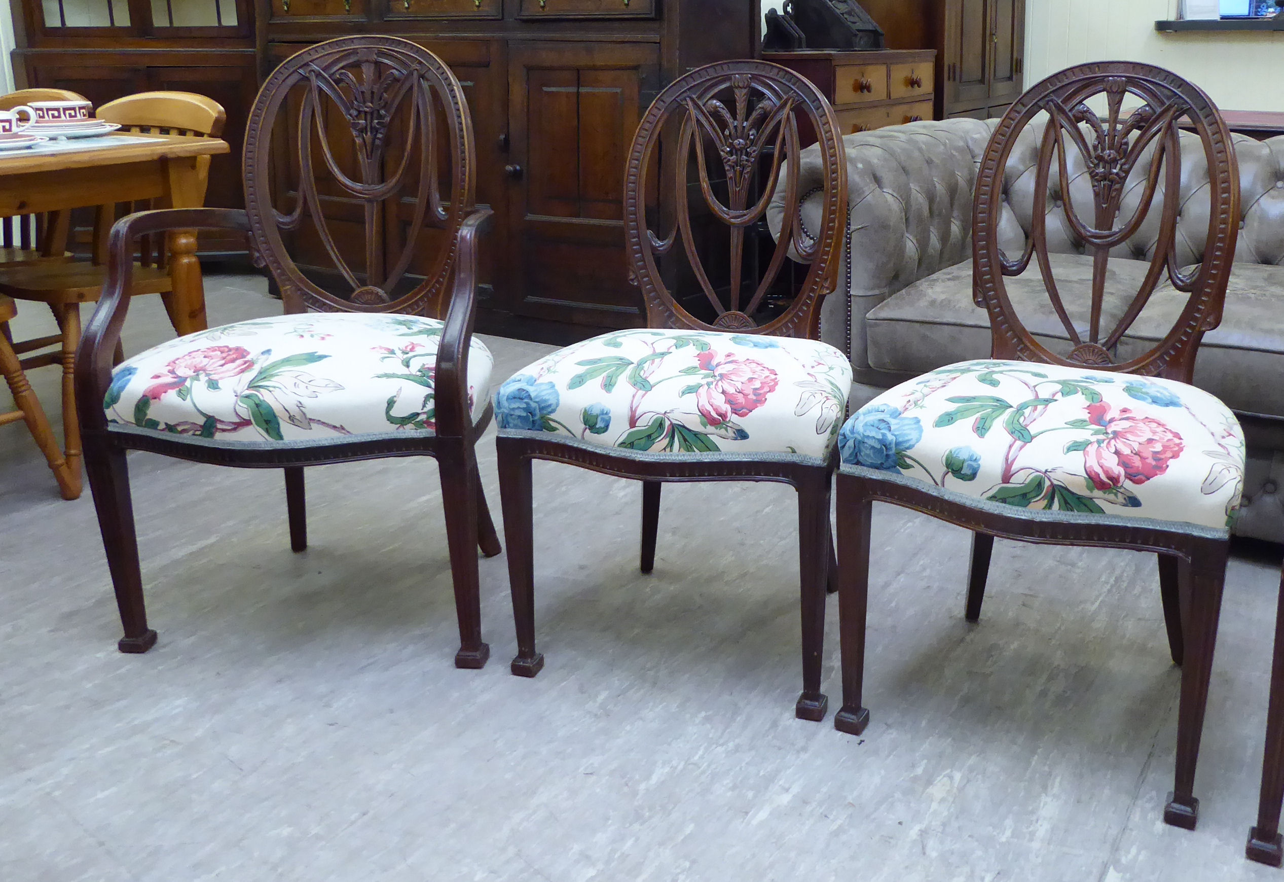 A set of six early 20thC Hepplewhite design mahogany framed dining chairs, - Image 2 of 3