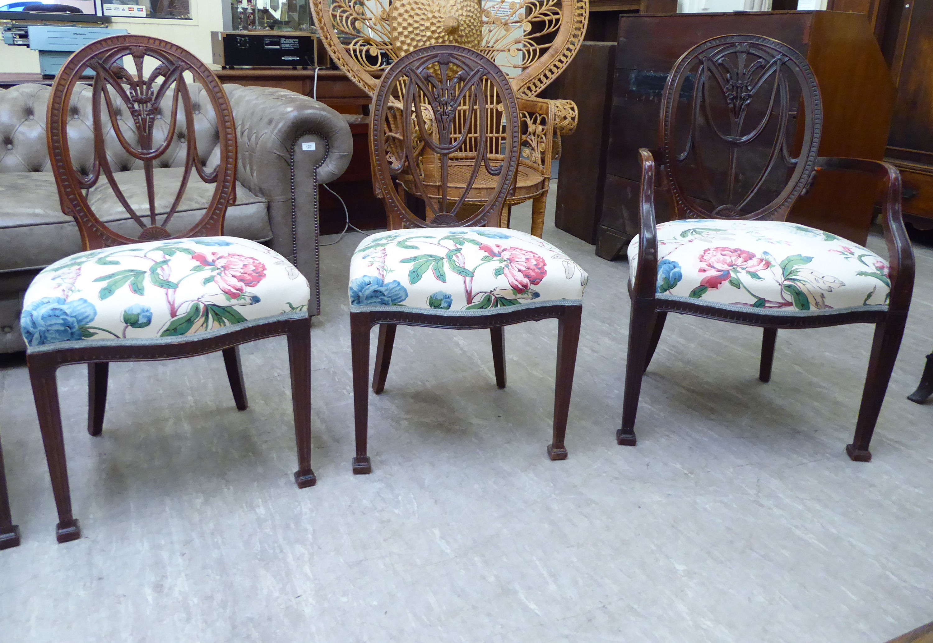 A set of six early 20thC Hepplewhite design mahogany framed dining chairs, - Image 3 of 3