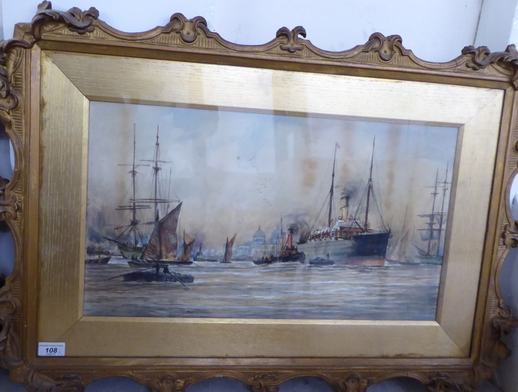 LWJ - early 20thC shipping in the Port of London a pair of watercolours bearing initials and - Image 3 of 4