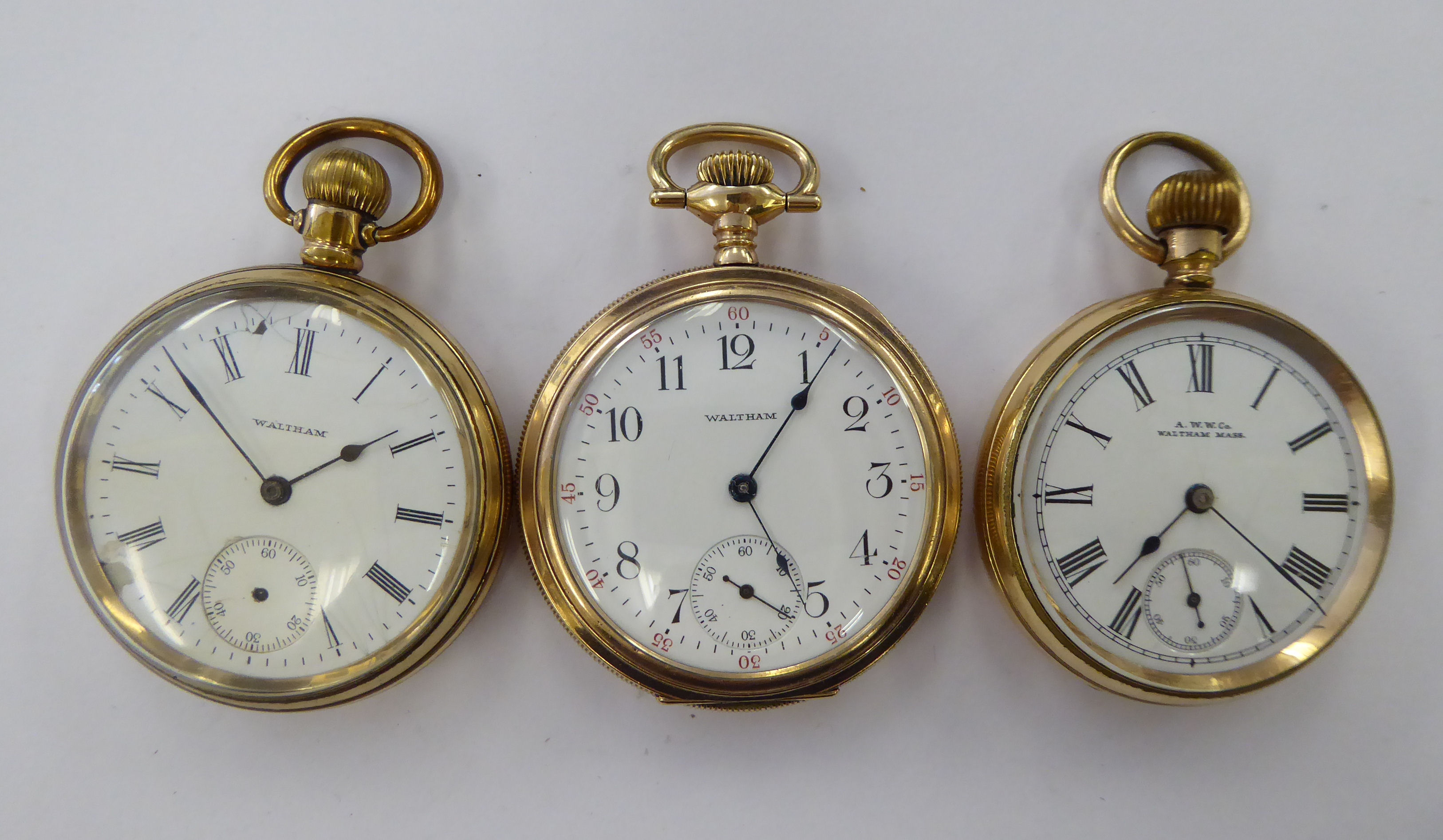 Three late 19th/early 20thC Waltham gold plated cased pocket watches,