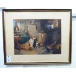 Mid 19thC British School - an interior farmhouse kitchen scene with dogs and dead game watercolour