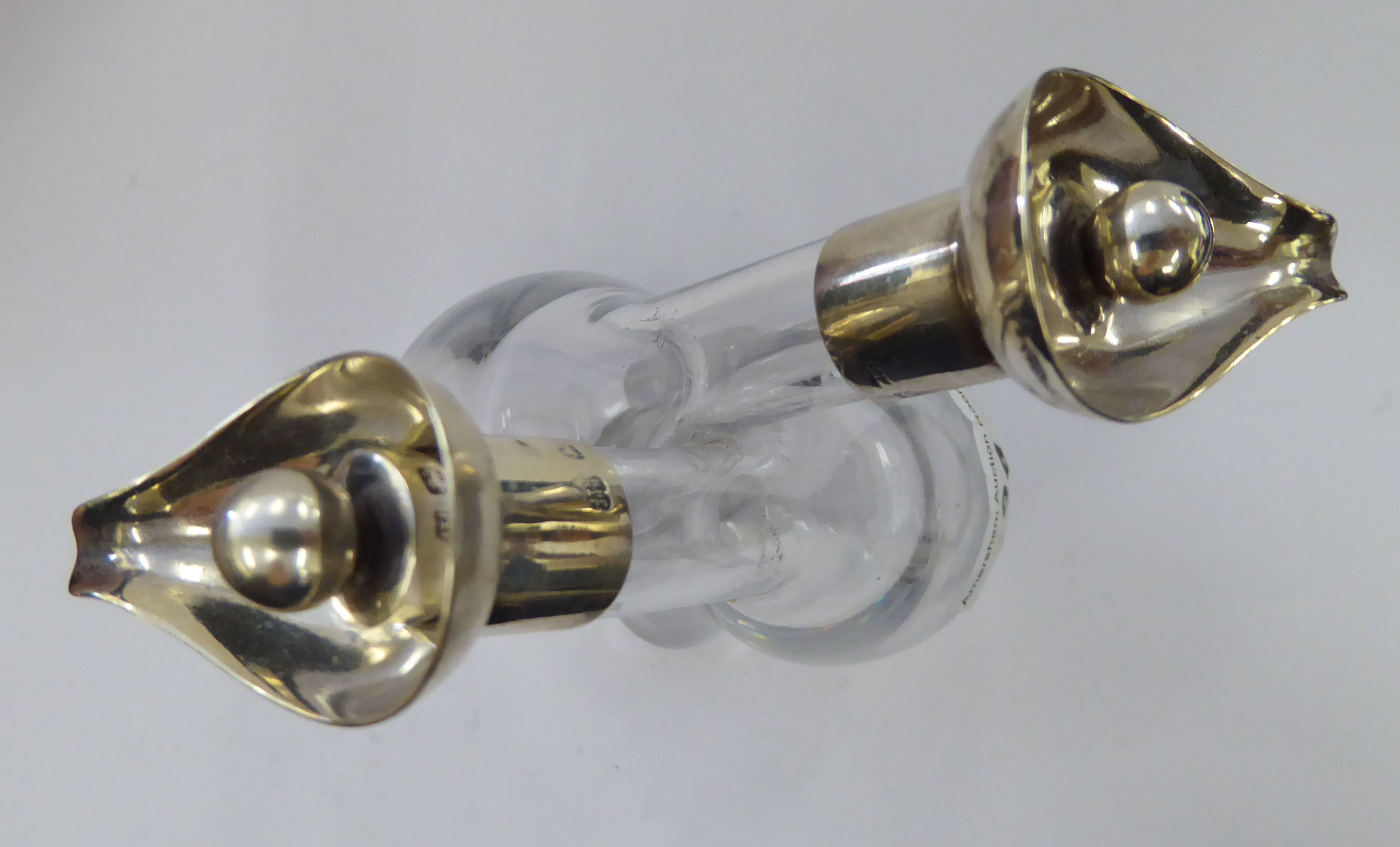 A pair of conjoined blown glass oil/vinegar bottles with silver mounts Birmingham 1924 11 - Image 2 of 3