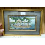 Indian School - figures in a boat with buildings by the waters edge oil with gilding 4.5'' x 8.