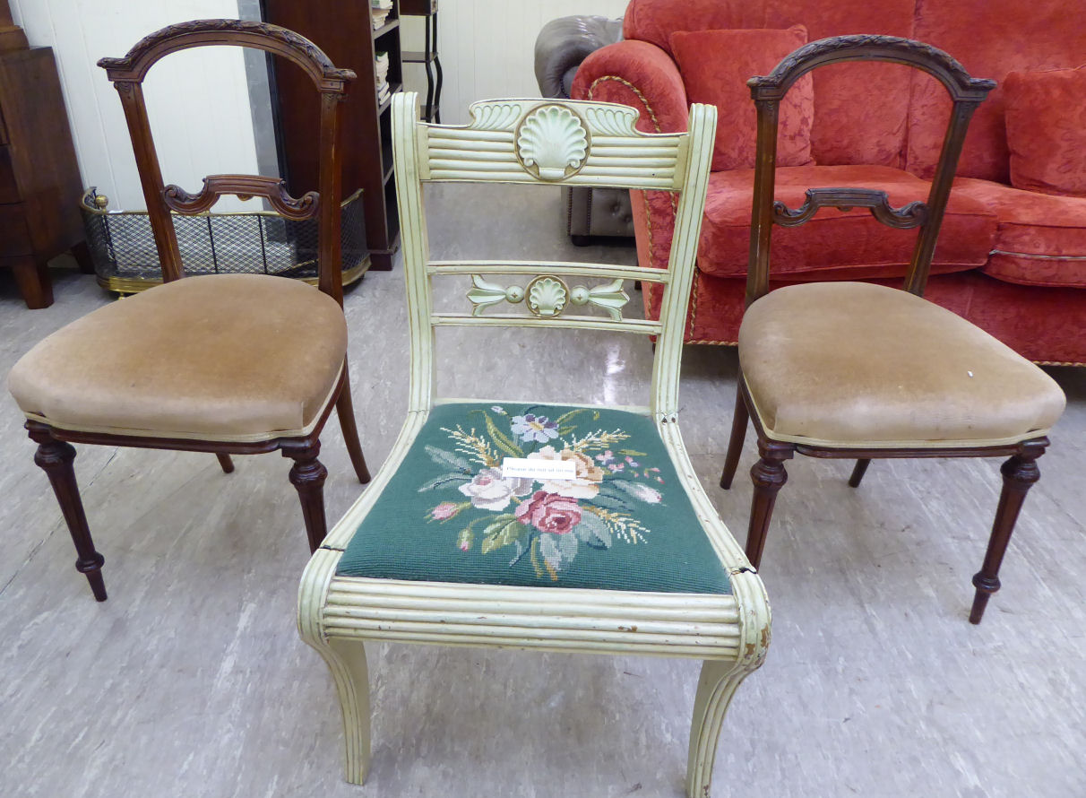 Five chairs: to include a pair of late 19thC French walnut framed salon chairs, - Image 2 of 2