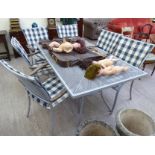 A Leisuregrow grey painted enamelled steel patio dining table with a central umbrella aperture,