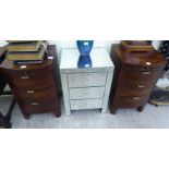 A pair of modern reclaimed pine, three drawer bow front bedside chests with a brushing slide,