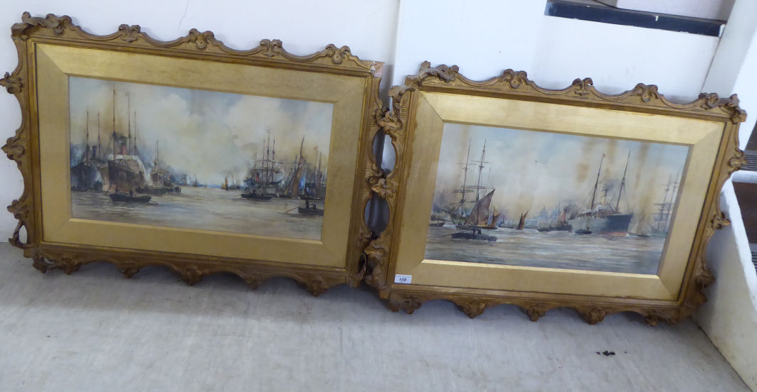 LWJ - early 20thC shipping in the Port of London a pair of watercolours bearing initials and