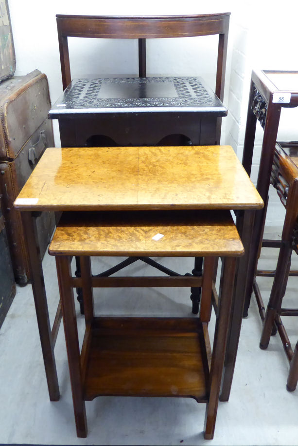 Small furniture: to include a set of four 20thC burr walnut finished occasional tables largest