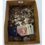 Uncollated British pre-decimal and world coins: to include ten shilling and one pound notes,