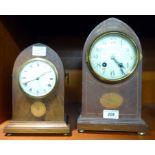 Two similar Edwardian satinwood inlaid mahogany cased mantle clocks,