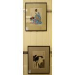 Two framed 20thC Japanese coloured woodblock prints, a head and shoulders portrait,