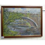 Montague Leder - figures on a bridge over a river oil on canvas bears a signature 16'' x 23''