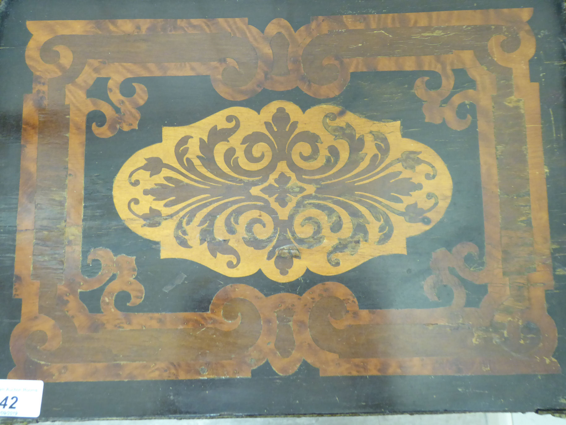 A late 19thC French walnut and marquetry inlaid three tier etagere, the top with a brass gallery, - Image 2 of 2