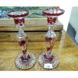 A pair of Continental clear, part blown and cut glass candlesticks having frilled,