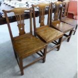 A matched set of four George III and later elm and mahogany framed, pierced splat back side chairs,