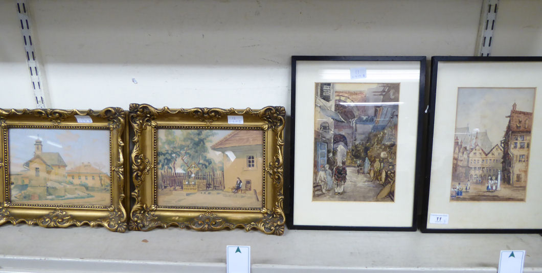 Pictures: to include an early 20thC study - a European square watercolour 9'' x 6'' framed
