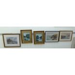Five framed watercolours: to include shoreline scenes and woodland landscapes some bearing