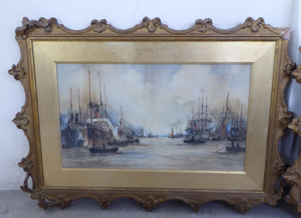 LWJ - early 20thC shipping in the Port of London a pair of watercolours bearing initials and - Image 2 of 4