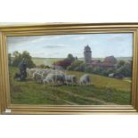 Alfred Elias - a shepherd with his flock in a landscape with a farm oil on canvas bears a