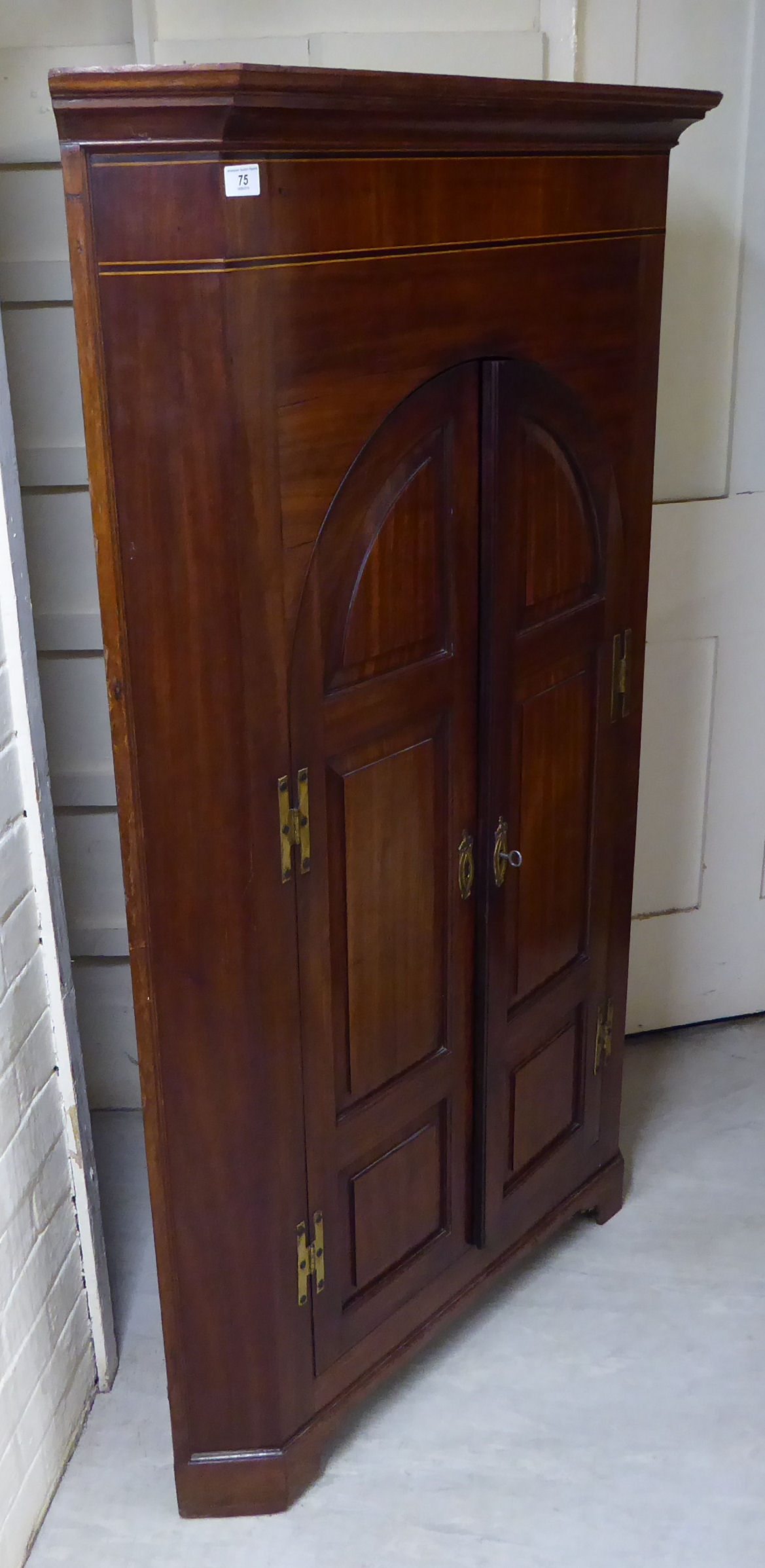 An early 20thC string inlaid mahogany corner cabinet with a pair of panelled doors, - Image 2 of 3