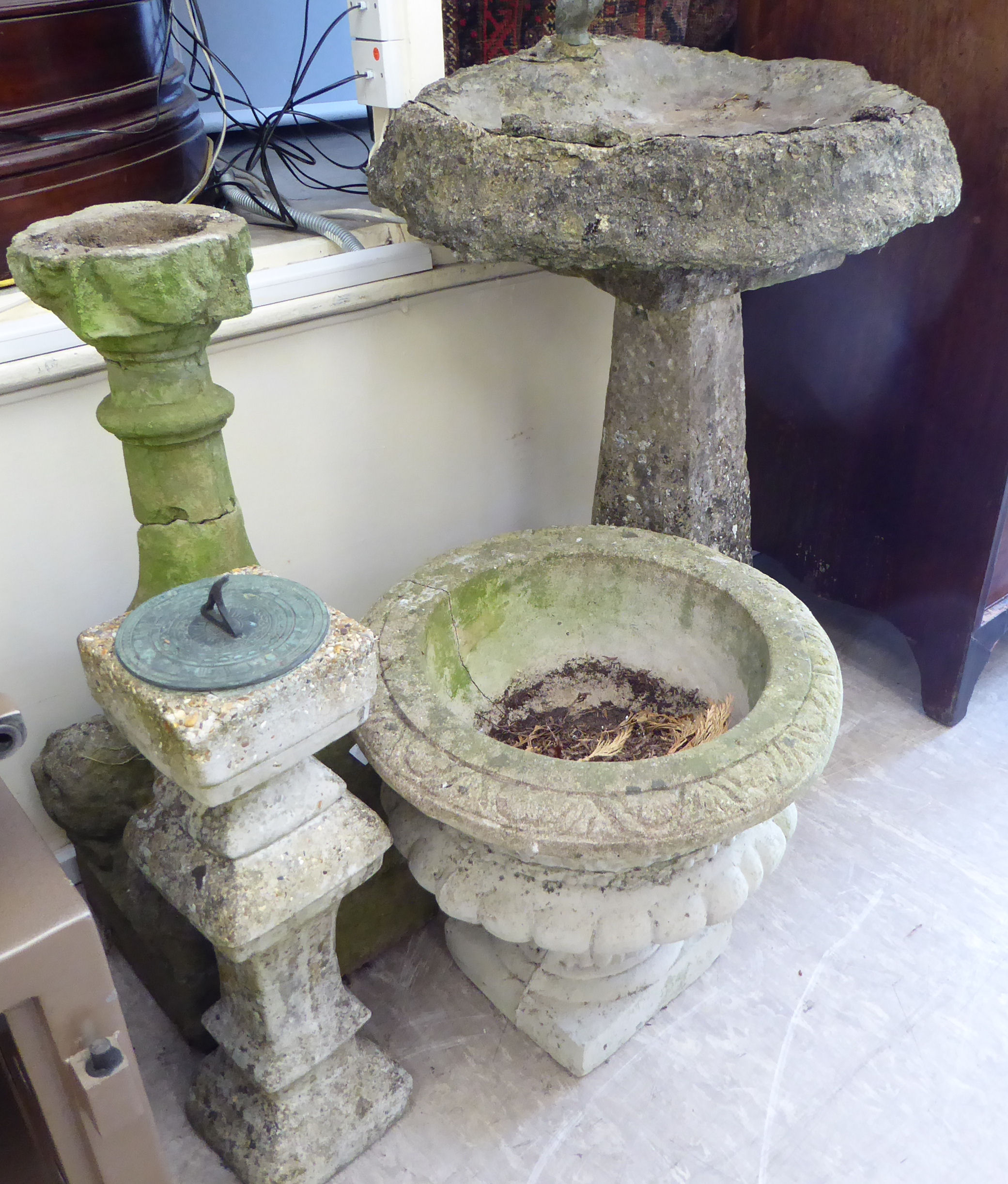 Composition stone garden ornaments and pots: to include a bird bath, on a square, - Image 2 of 2