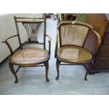 Two early 20thC stained beech framed bedroom chairs, each with a woven caned seat,