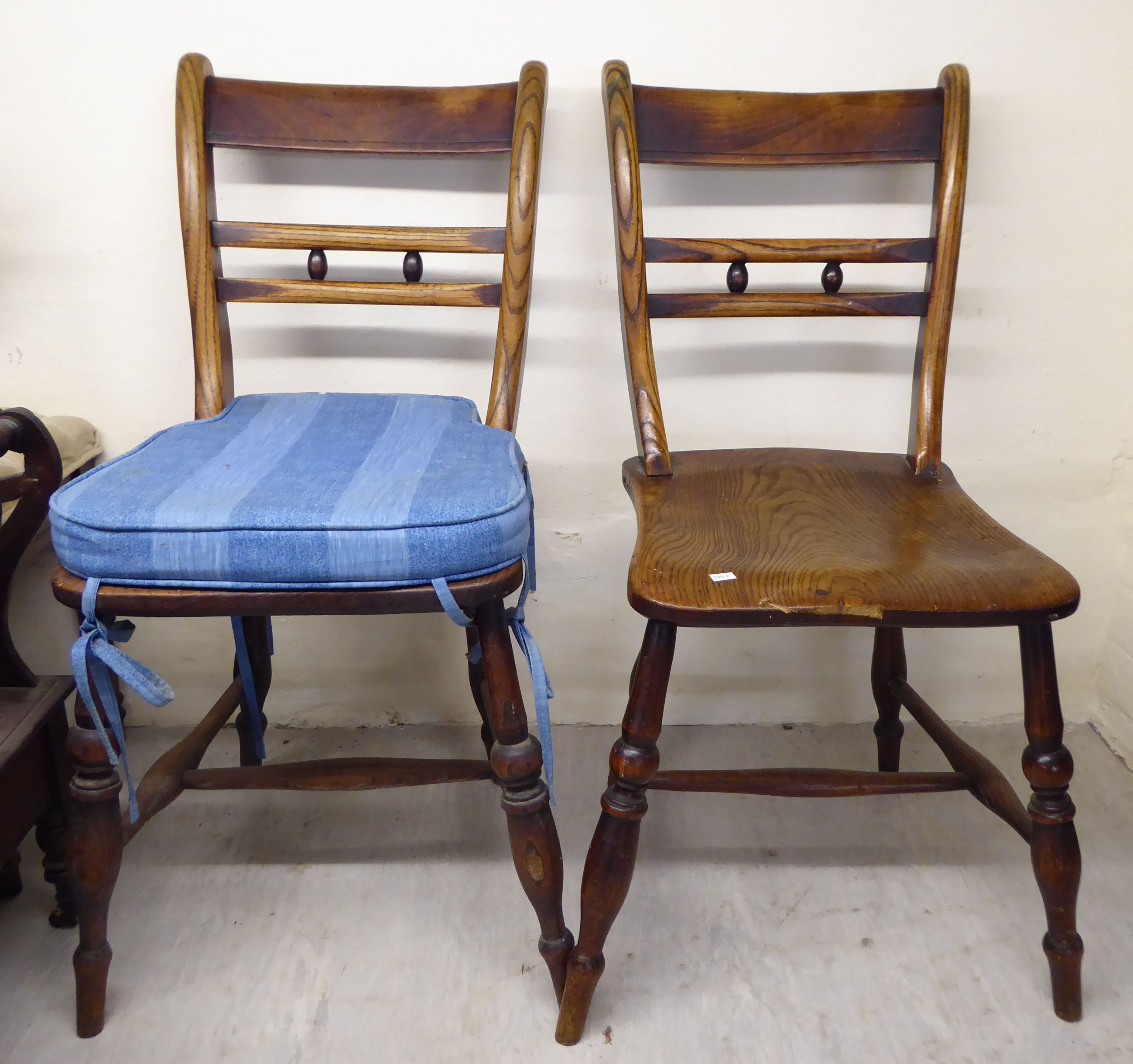 A matched set of four late 19thC country made beech and elm framed, twin bar back dining chairs, - Image 2 of 2