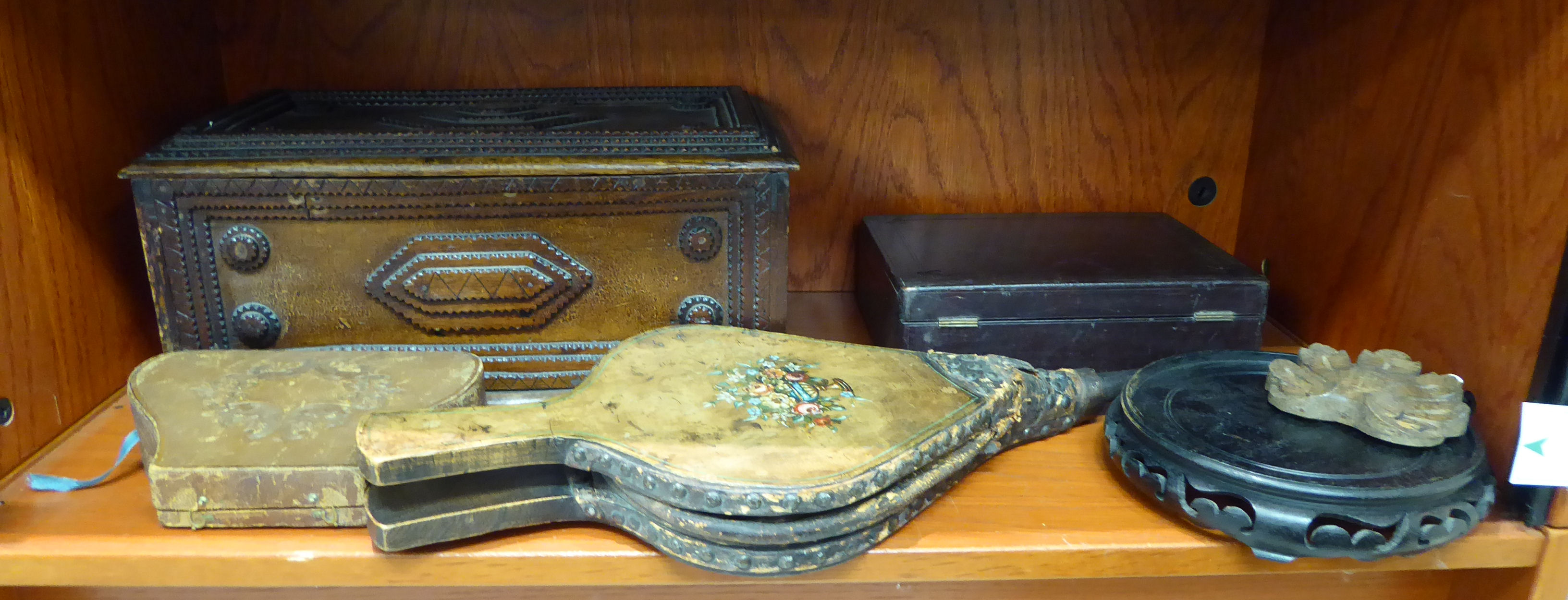 A mixed lot: to include a pair of brown hide clad bellows with painted floral decoration RAM