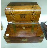 Three 19thC boxes: to include a military style brass bound mahogany writing slope 6''h 18''w