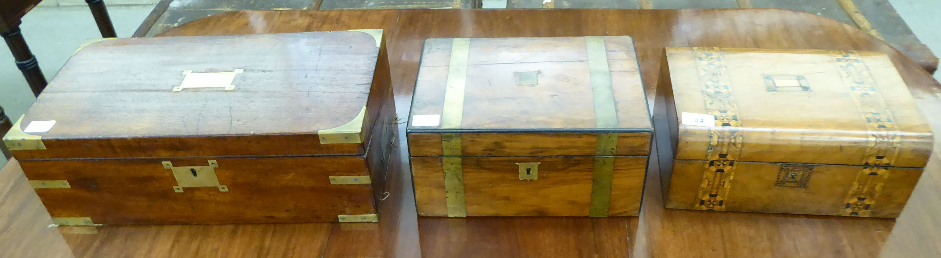 Three 19thC boxes: to include a military style brass bound mahogany writing slope 6''h 18''w - Image 2 of 3