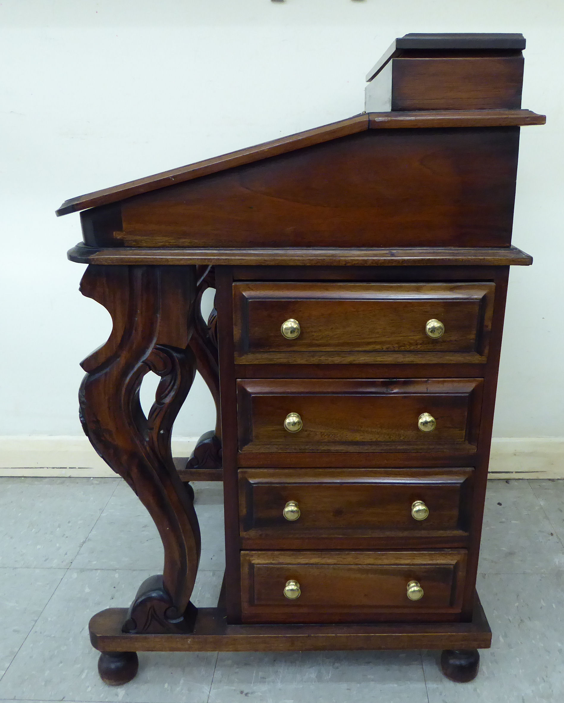 A modern mahogany finished Canterbury with a hinged top, four side drawers and opposing facsimiles, - Image 2 of 5