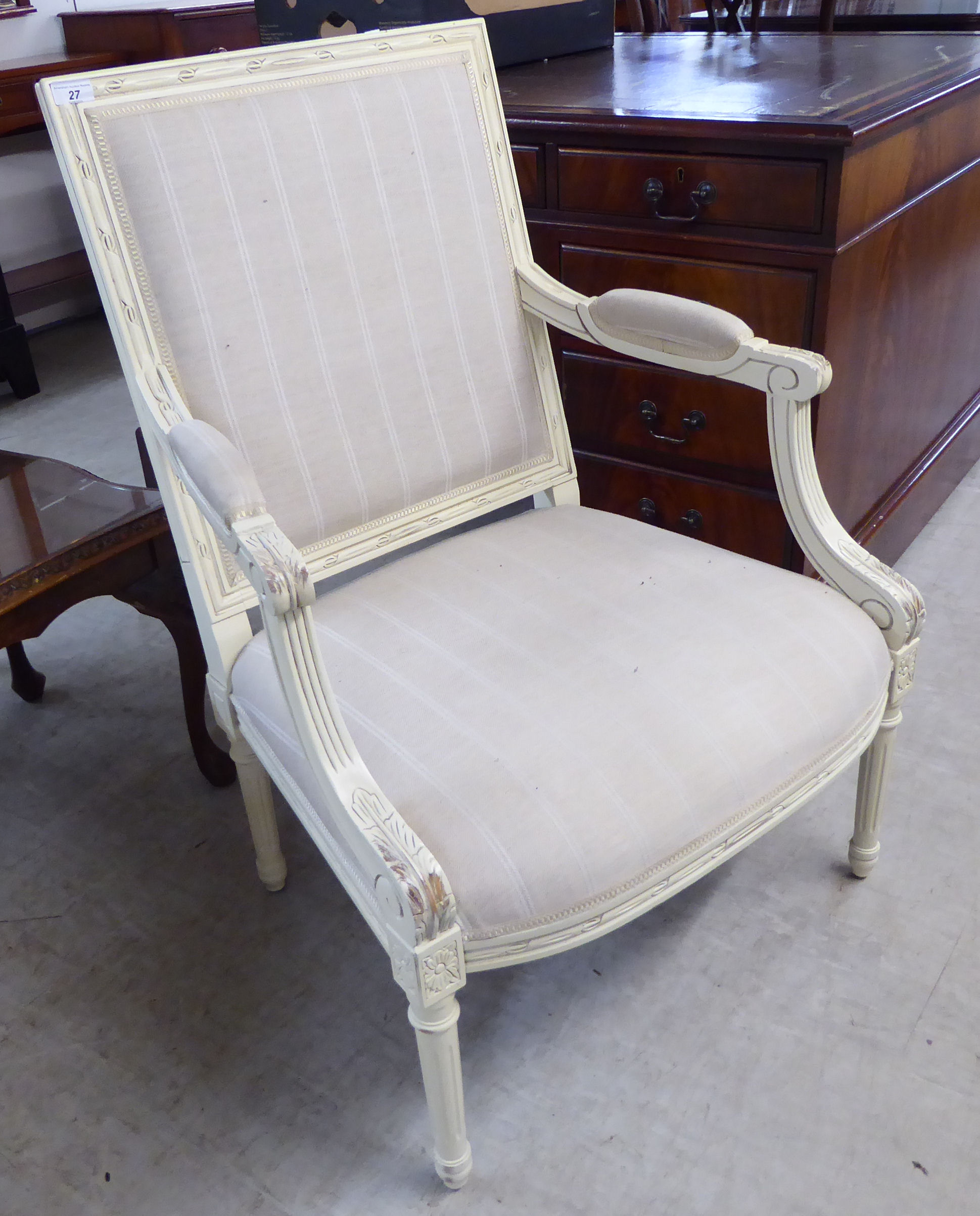 A Laura Ashley cream painted showwood framed bedroom chair with a fabric covered back,