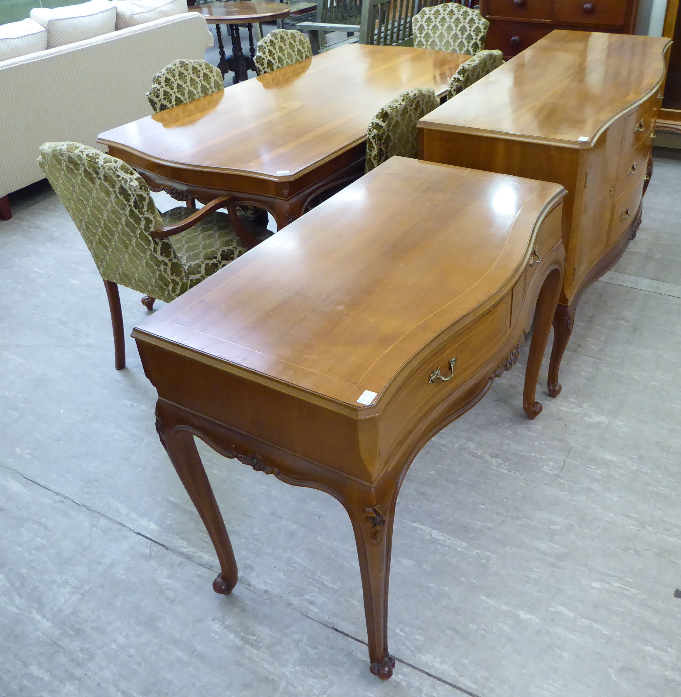 A mid 20thC walnut veneered dining suite, viz. - Image 2 of 5