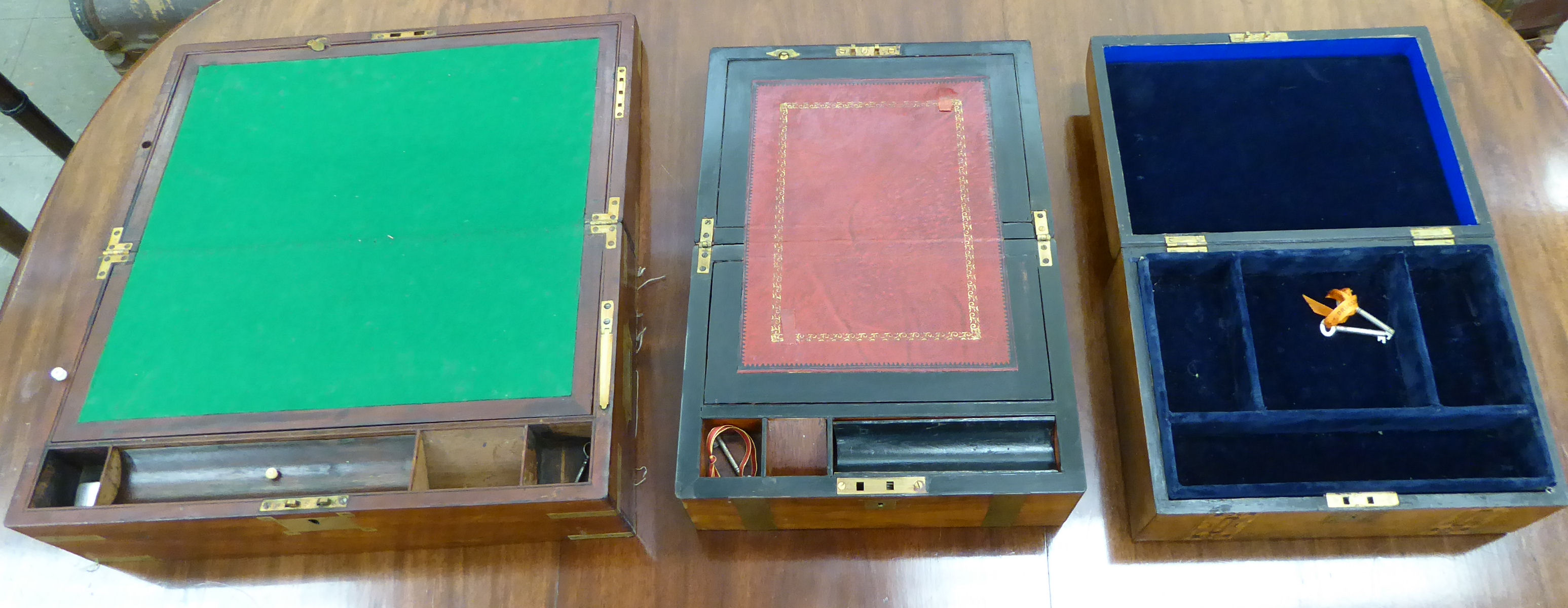 Three 19thC boxes: to include a military style brass bound mahogany writing slope 6''h 18''w - Image 3 of 3