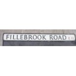 WITHDRAWN A black and red on white painted alloy Leytonstone street sign 'Fillebrook Road,