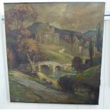 Early 20thC British School - a castle on a hillside with mountains beyond oil on canvas mounted on