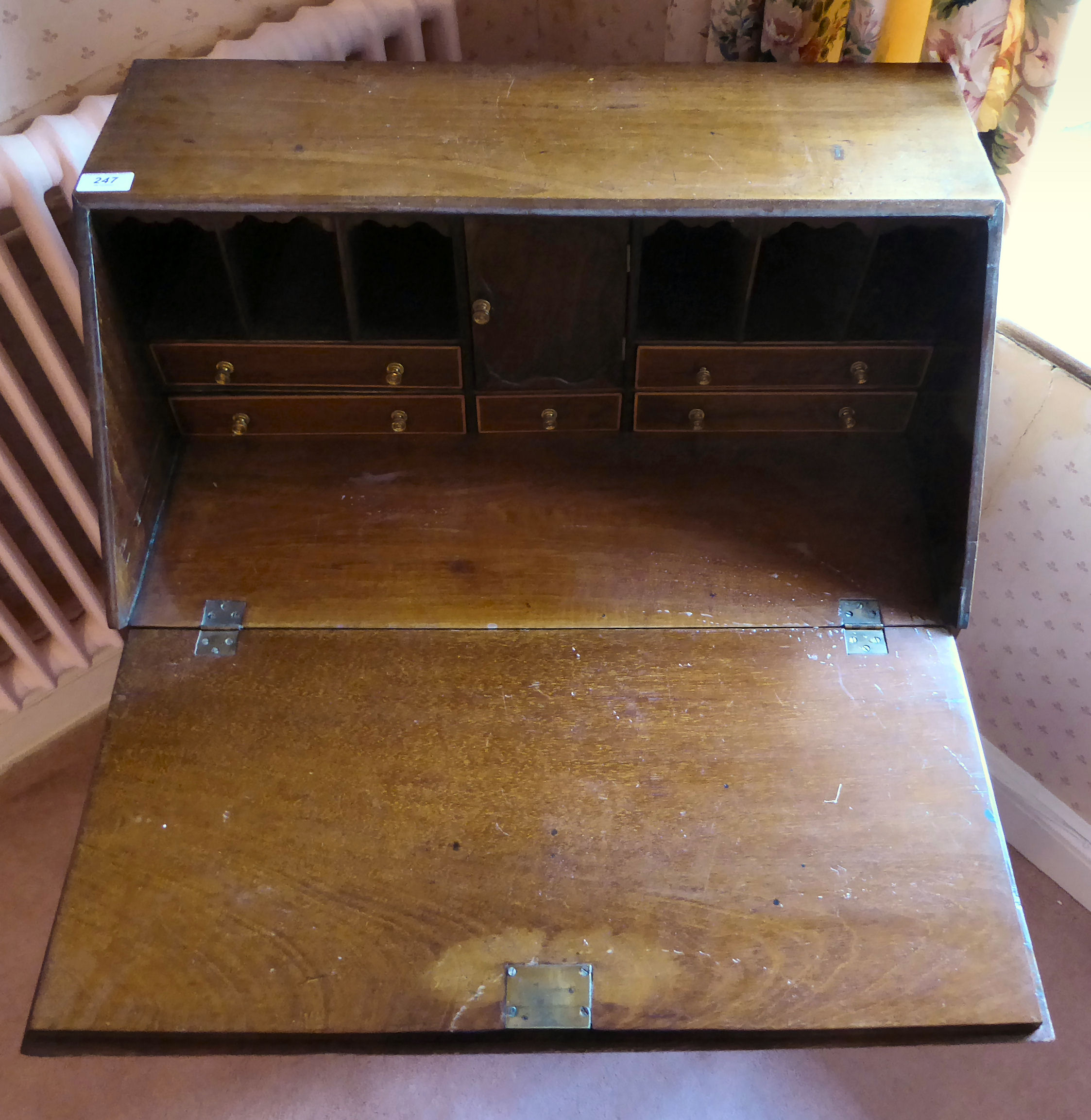 An Edwardian satinwood inlaid mahogany bureau, the fall front, enclosing a fitted interior, - Image 3 of 4