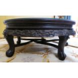 An early 20thC Chinese inspired burr fruitwood coffee table, the top over a frieze,