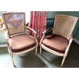 A pair of late 19thC Continental cream coloured and gilt painted salon chairs with woven split cane